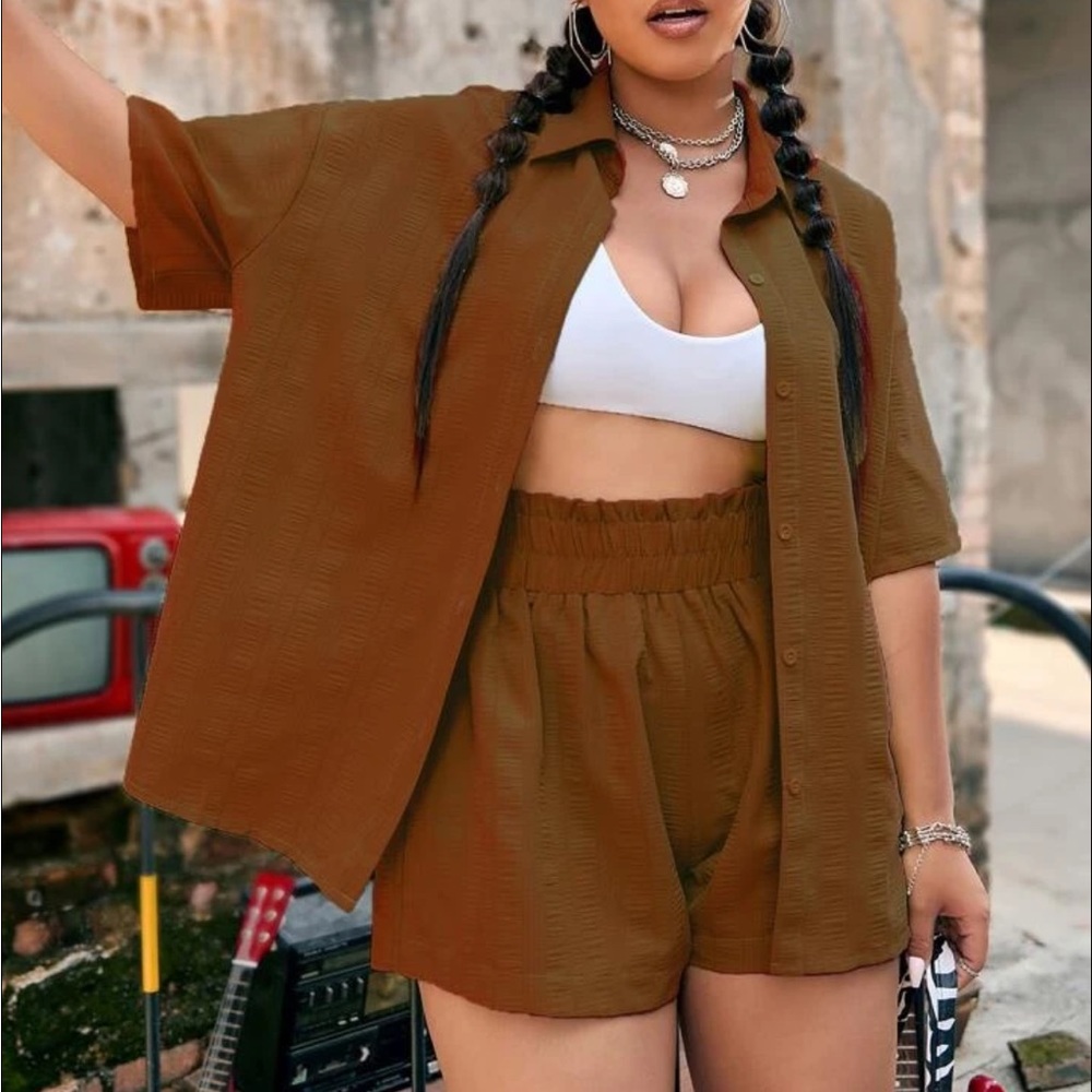 Two-piece brown button up set